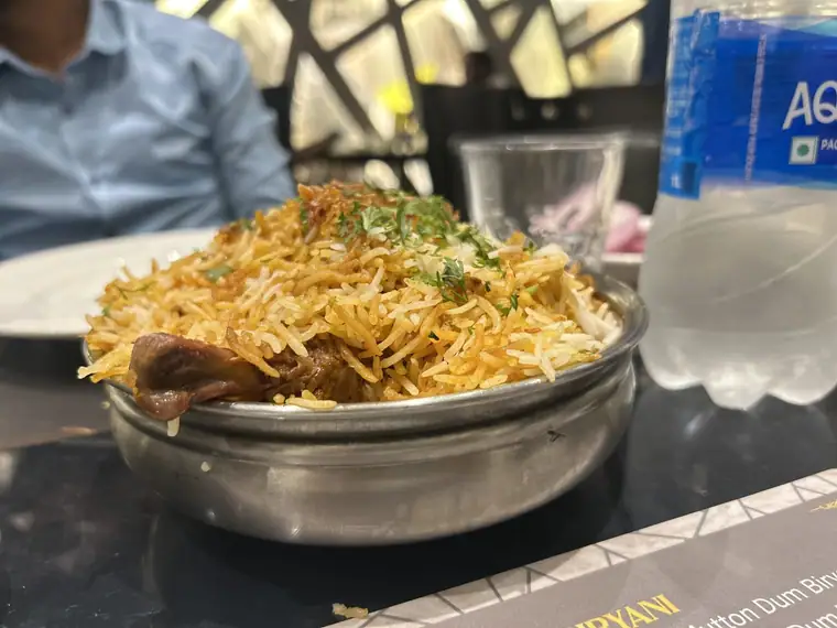 A steel bowl of biryani garnished with herbs and fried onions